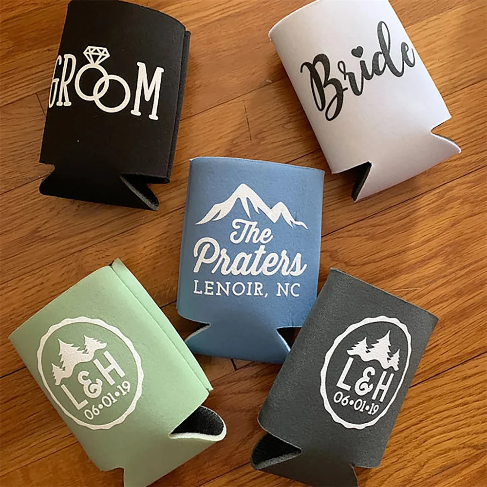 Let The Adventure Begin - Wedding Can Cooler #119R- Custom - Wedding Favors, Beverage Insulators, Beer Huggers