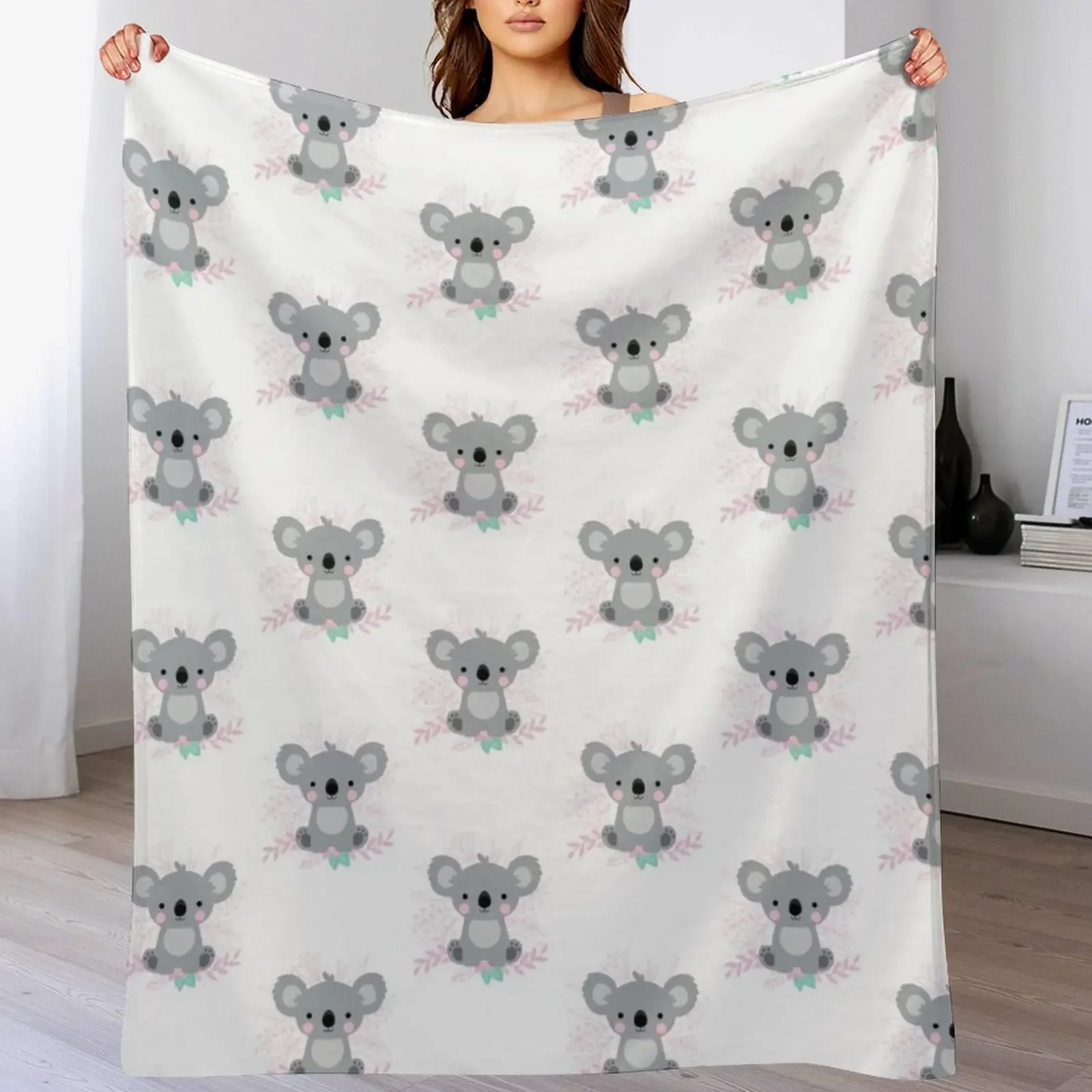 Cute Baby Koala with flowers White Throw Blanket valentine gift ideas Decorative Beds Multi-Purpose Blankets