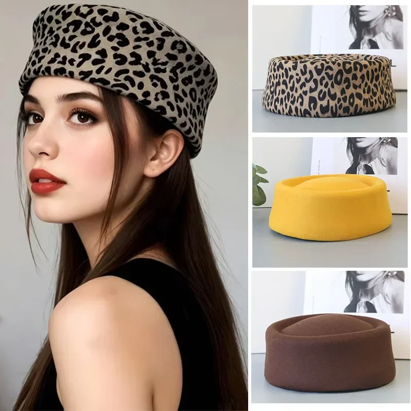 New Trend Retro Flight Attendant Leopard Print Beret Hat Women Felt Beret Party Charming Hat Wedding Cocktail Party Pillbox Hat