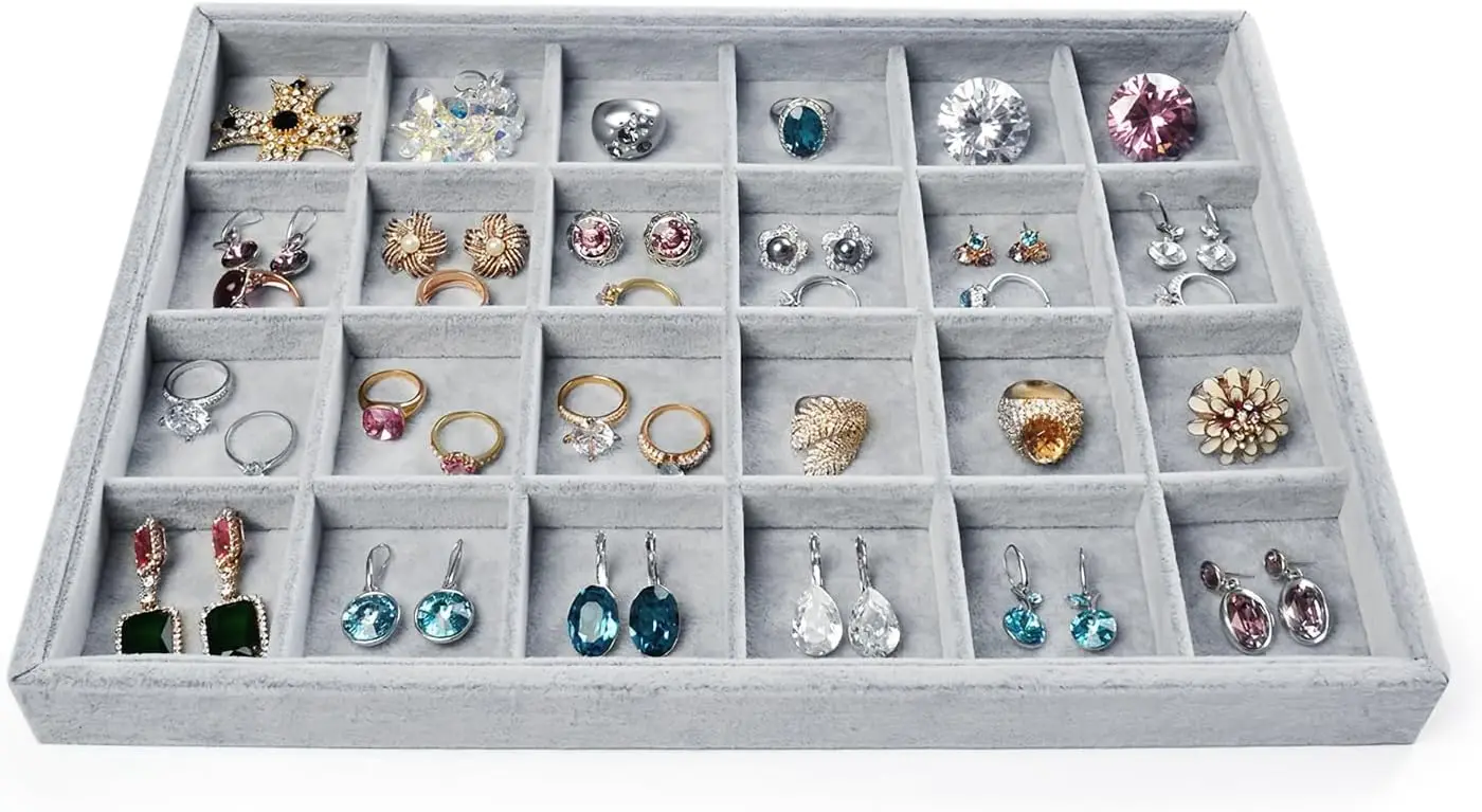 24-Grid Ice Velvet Jewelry Organizer with Stackable Trays & Removable Dividers for Rings & Earrings