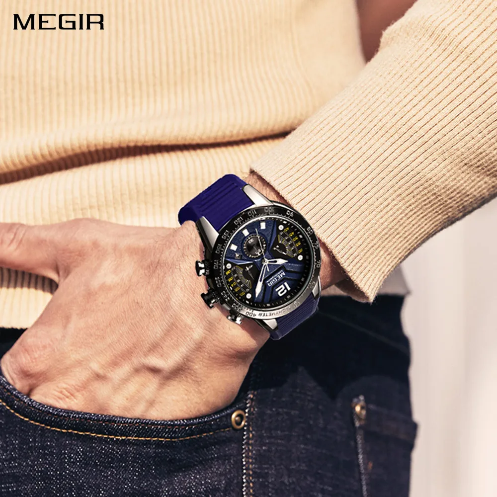 

MEGIR Men Watch Top Brand Luxury Sport Chronograph Fashion Casual Mens Quartz Watches Silicone Wristwatches Reloj Hombre 2106