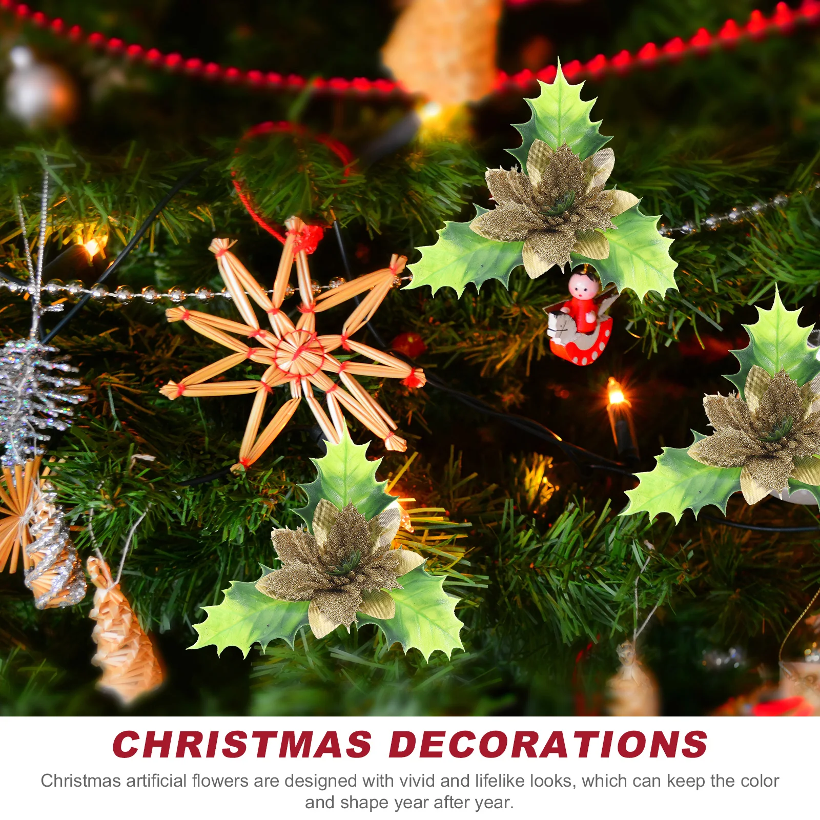 

5 Pcs Christmas Tree Decoration Green Leaves Simulated Flowers for Decorations Fake Glitter Artificial Silk Cloth Faux Indoor