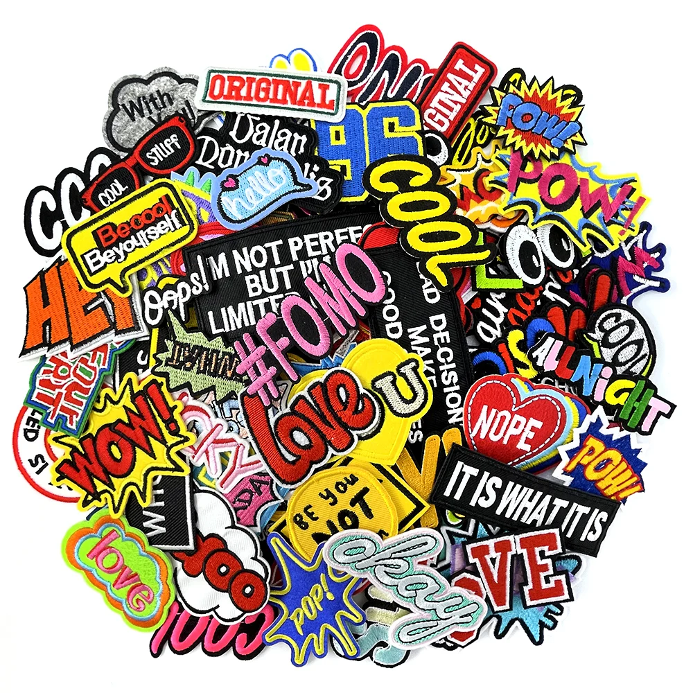 100pcs Random Mix Iron on Patches for Clothes Fabric Appliques Decoration Apparel Colorfast COOL LOVE OOPS  Patch for Clothing