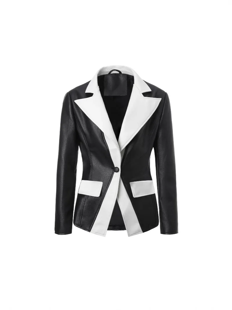 Giacca da donna in pelle PU con colori a contrasto in bianco e nero, con risvolto, abbottonatura a bottone singolo, top da abito punk rock