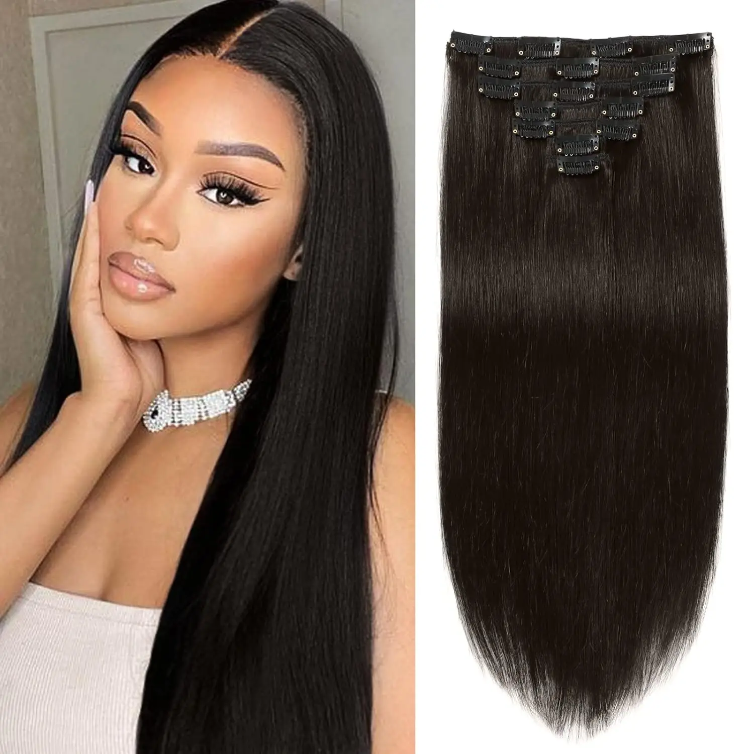 16inch Clip in Hair Extensions Real Human Hair 120g Straight 100% Brazilian Remy Human Hair Clip in Hair Extensions for Women