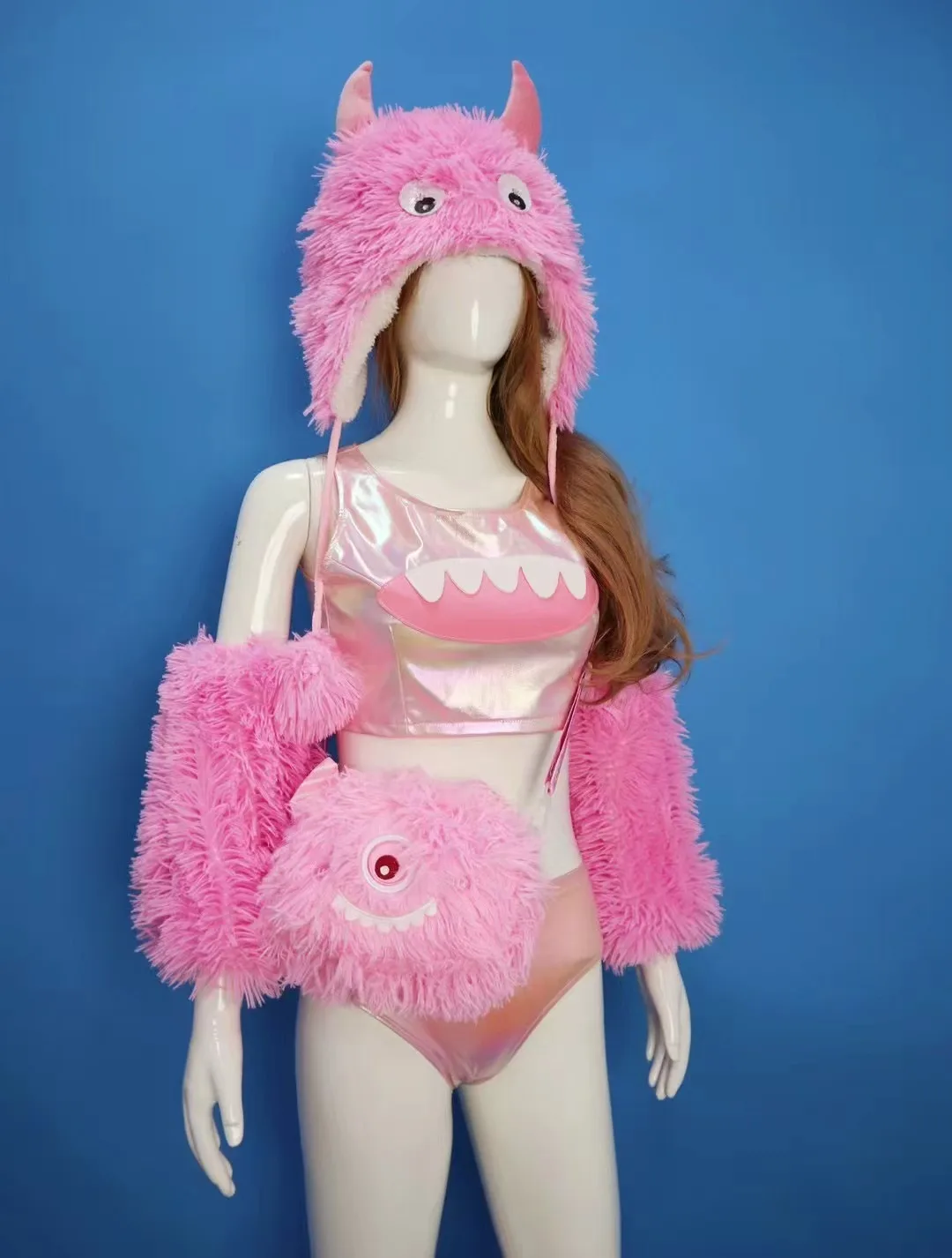 2 Style Cute Plush Hat+Cuff+Bikini Short/Skirt Set Party Gogo Performance Dress Female Singer DJ Dance Nightclub Bar Stage Wear