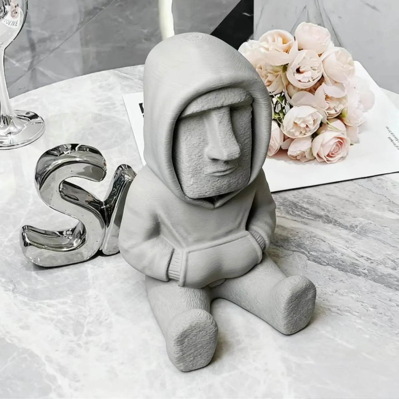 Estátua Moai da Ilha de Páscoa, Figurino Polinésio Autêntico com Design de Túnica com Capuz e Olhos Expressivos, Decoração para Casa e Escritório, Presente Único
