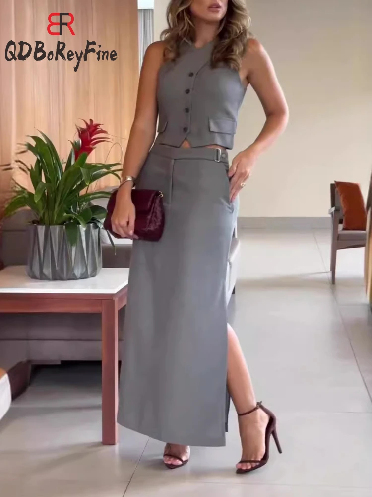 Letnie spódnice damskie Eleganckie biurowe damskie rękawy Crop Vest Tank Tops Maxi Skirts Rozcięcia po bokach Dwuczęściowe zestawy dla kobiet