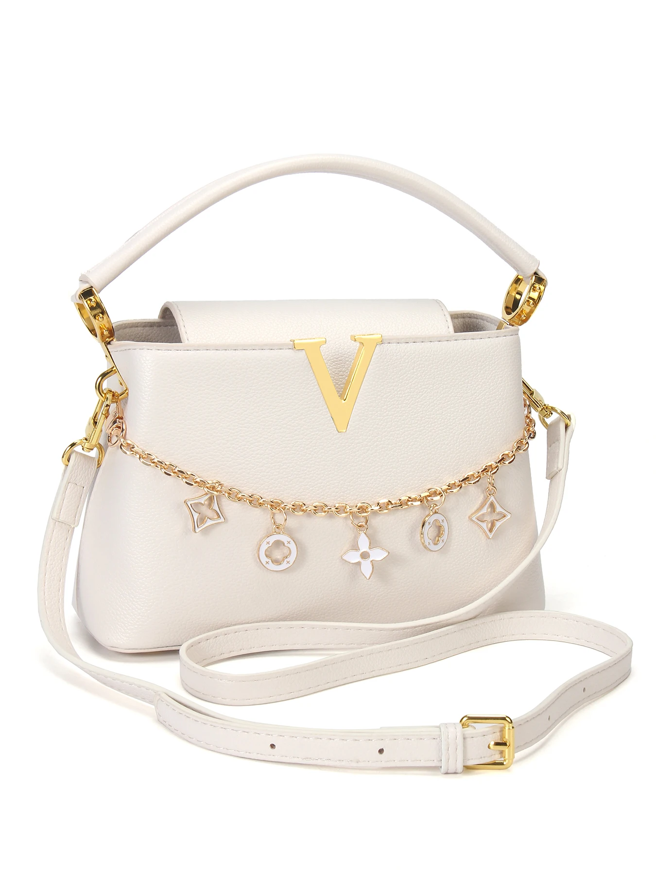 

Gold V-Shaped Embellished Women's Crossbody Bag with Metal Chain Charm PU Small Square Tote Affordable Luxury Handbag