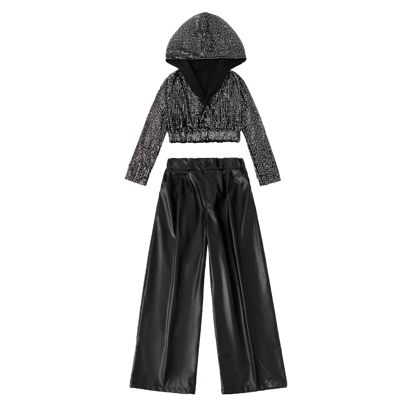 Trajes de dança jazz das crianças menina preto e prata lantejoulas passarela trajes de dança jazz das crianças trajes de dança de rua feminino