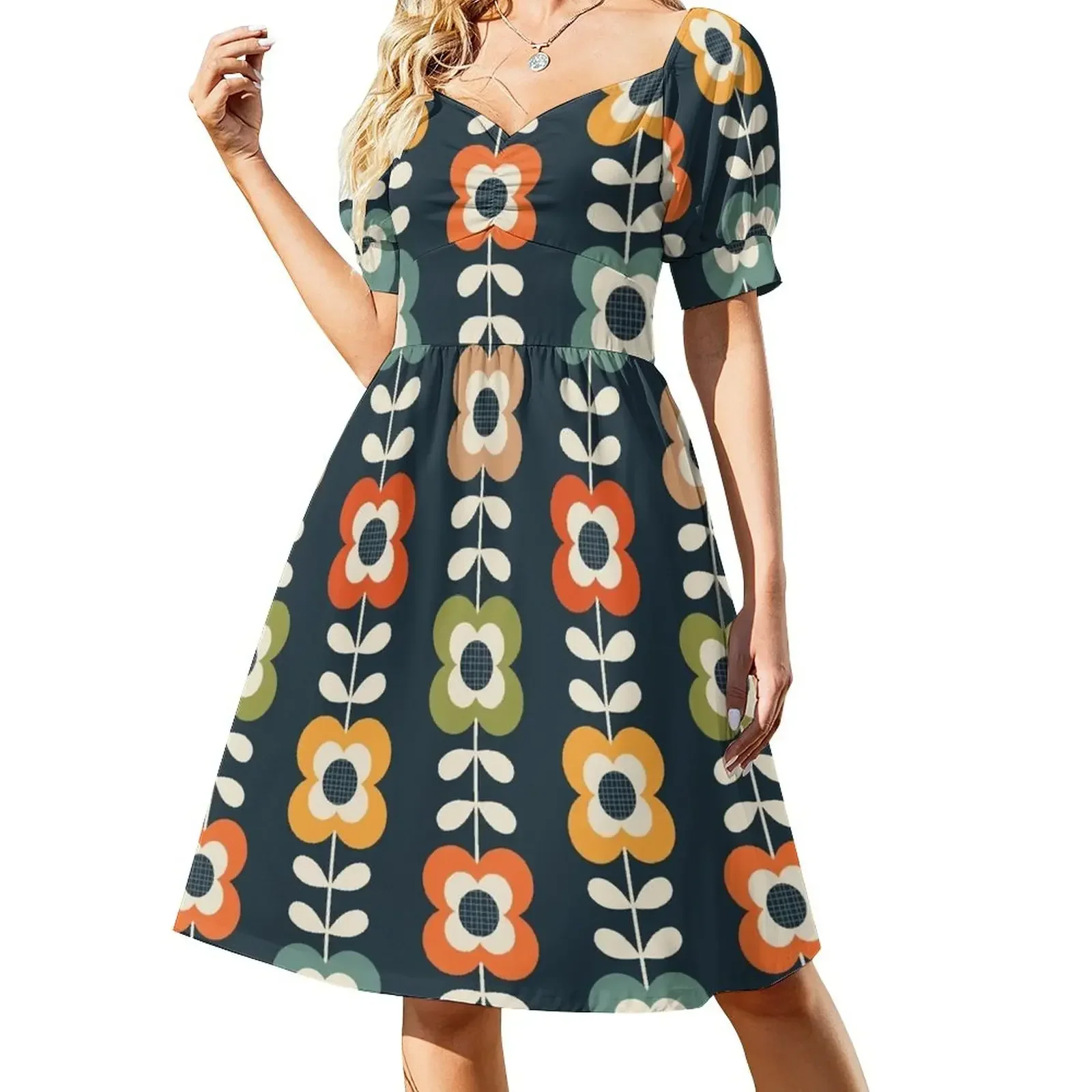 

Mod Flowers in Retro Colors on Charcoal Short-Sleeved Dress wedding dresses for woman womens clothing dress Dress