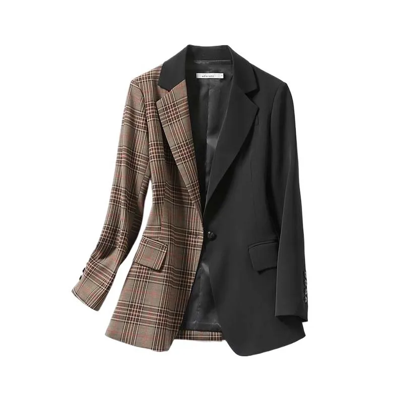 New Fashion Patchwork Plaid Women Long Sleeve Loose Blazer Coat Ladies Korea Hit Color Trend Design Suit Outerwear