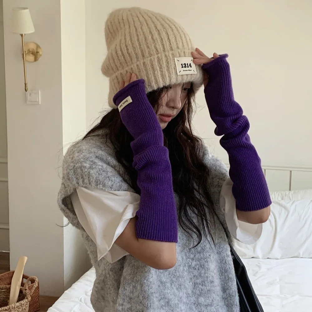 Knitted Warm Sleeves Hole Y2k Long Fingerless Sleeves Spicy Girl Elastic Woolen Arm Gloves Clothing Accessories