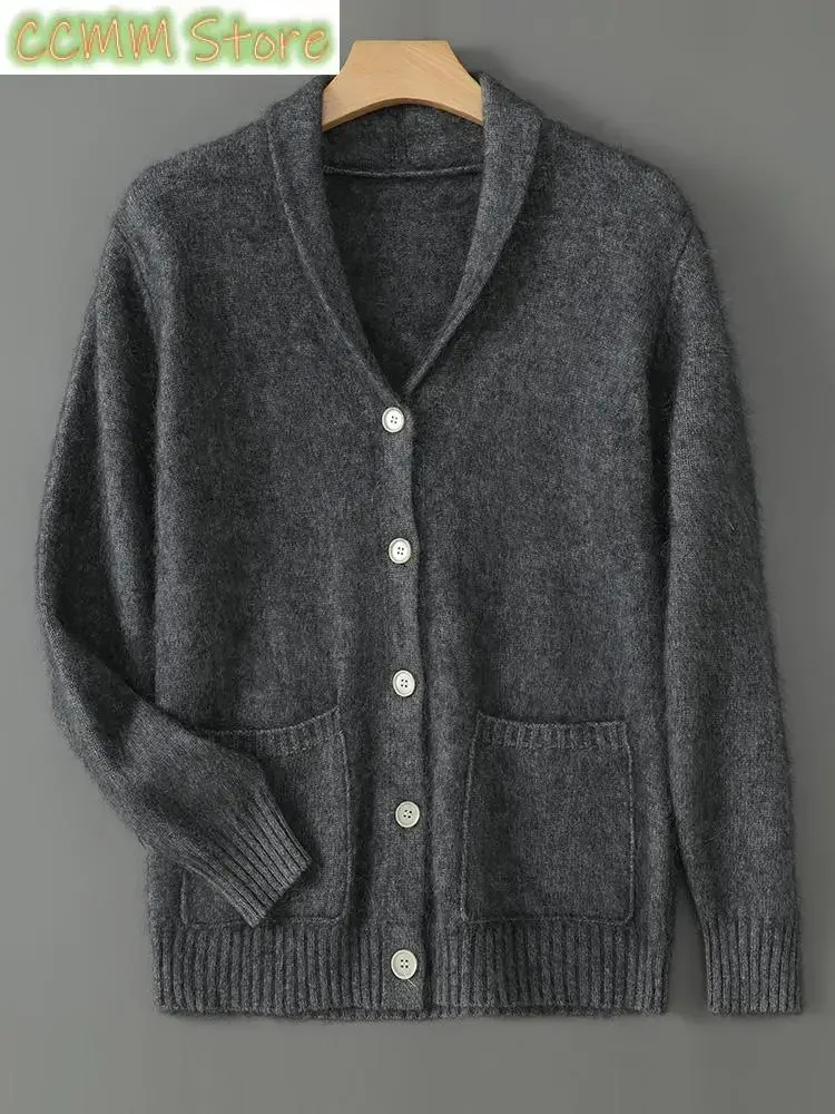 Men Mink Cashmere Knitwear Cardigan Turn-down Collar Sweater Autumn Winter Smart Casual Thick Long Sleeve Pockets Soft Tops