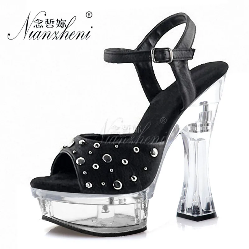 Gothic Metal Rivet Crystal Platform Sandals High Heeled Sexy Exotic Pole Dance Shoes for Nightclub Stripper 5-Inch Stage 14cm