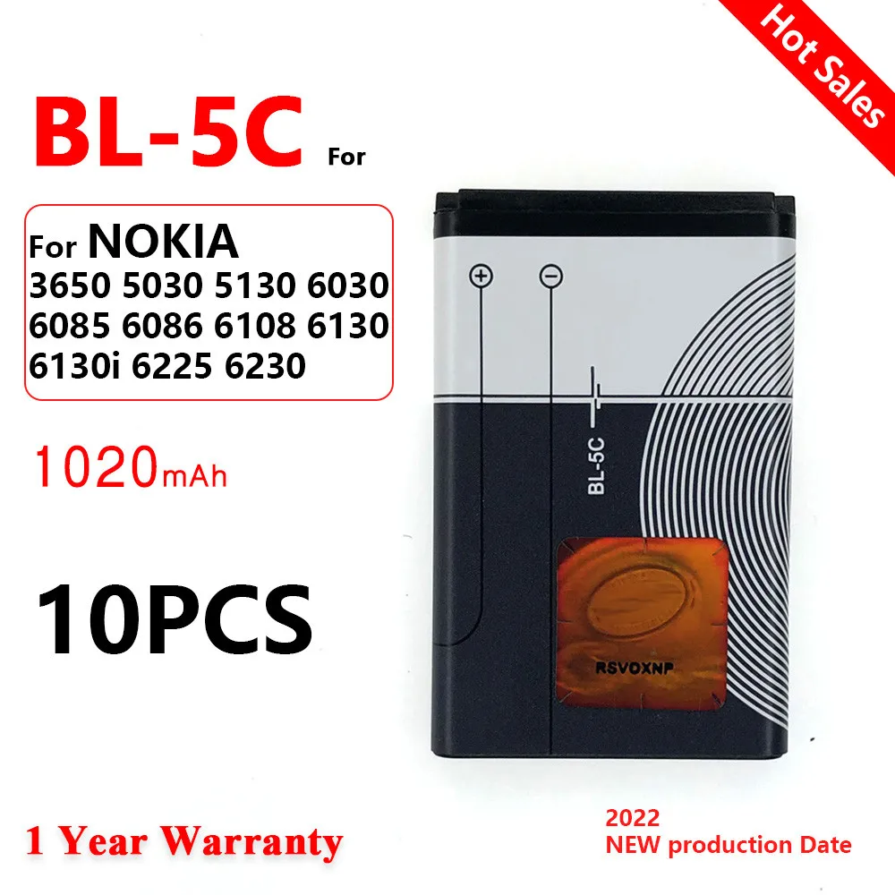 BL-5C BL5C 3.7V Lithium Polymer Phone Battery For Nokia 1100 1110 1200 1208 1280 2600 2700 3100 3110 5130 6230 1600 1020mAh