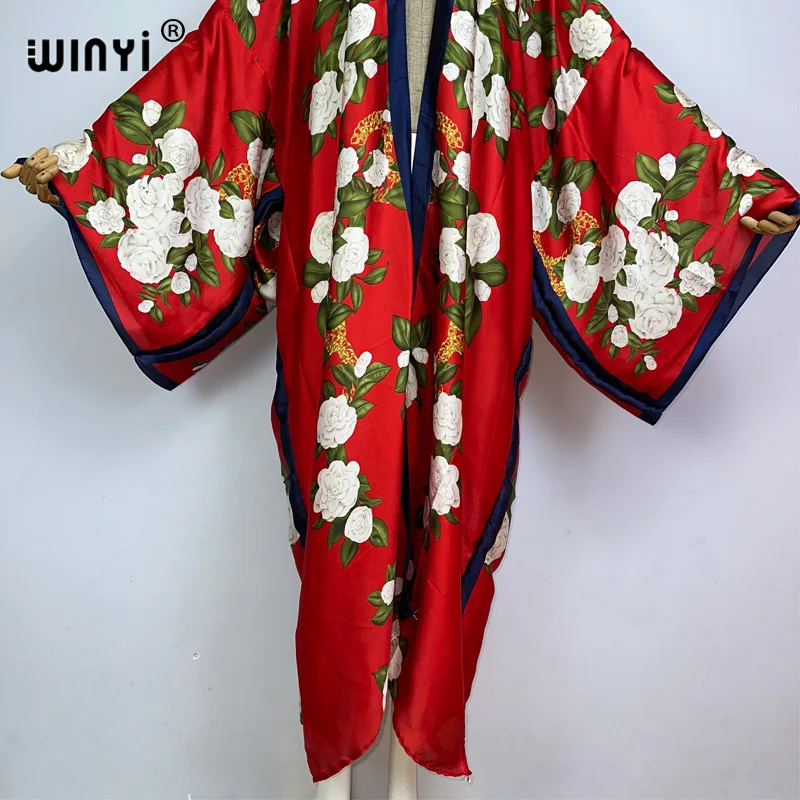 WINYI Bohemian Printed Bikini Cover-ups Elegant Kimono Blog Holiday Party Dress Women Free Size Beach Wear Swim Suit Cover Up