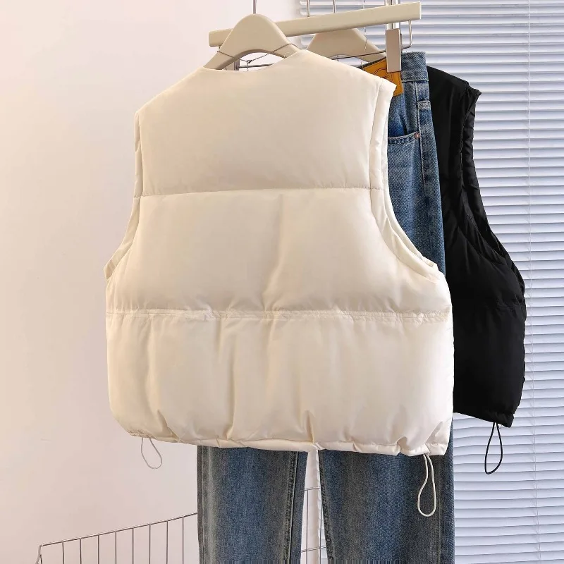 Solid Round Neck Women Autumn Winter Vest Jackets Quilted Cotton Fill Pockets Windproof Warm Loose Casual Gilet Outer Garment