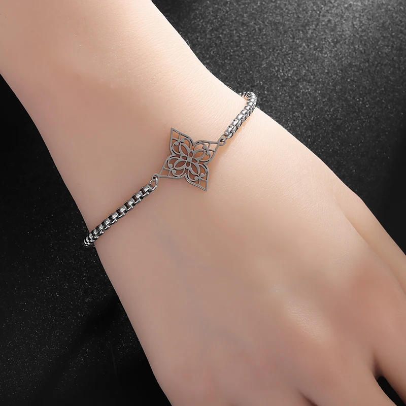 Stainless Steel Hollow Square Flower Mandala Lotus Bracelet Suitable for Women's Fashion Trend Casual Jewelry Gifts