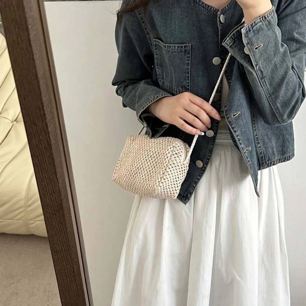 

Crossbody Bag Beige Casual Straw Purse Khaki Breathable Woven Square Bag Large Capacity Hollow Out Summer Beach Pouch Daily