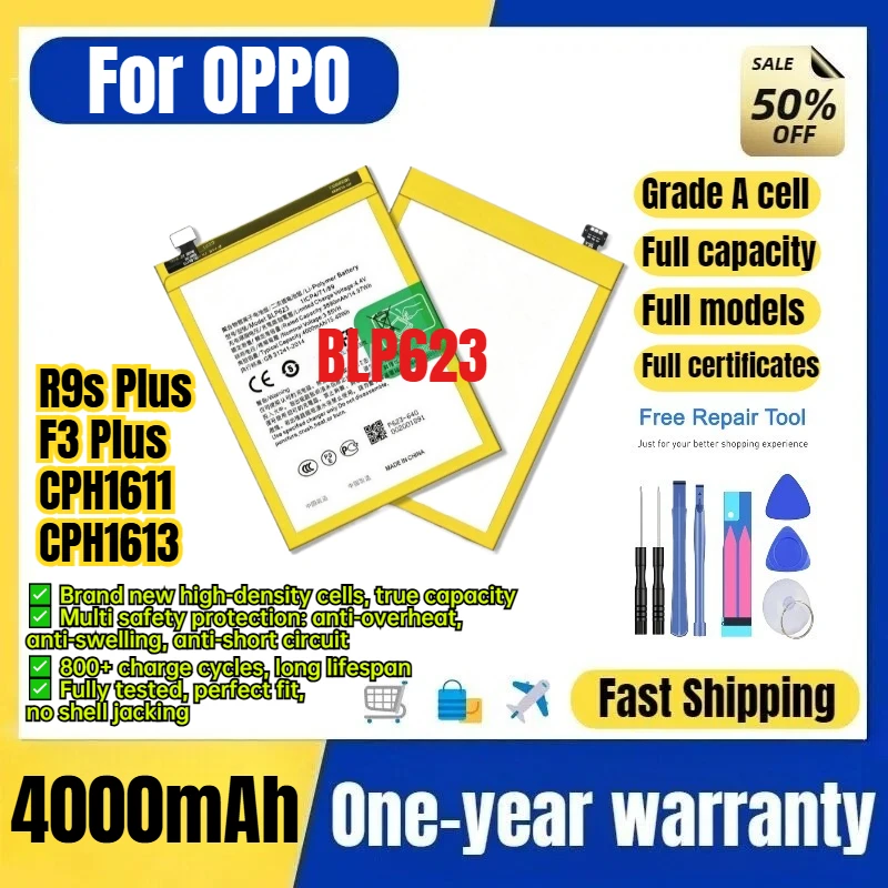 BLP623 for OPPO R9s Plus/F3 Plus/CPH1611/CPH1613 Phone Battery High Capacity Battery Replacement Bateria Grade A Cell with Tools