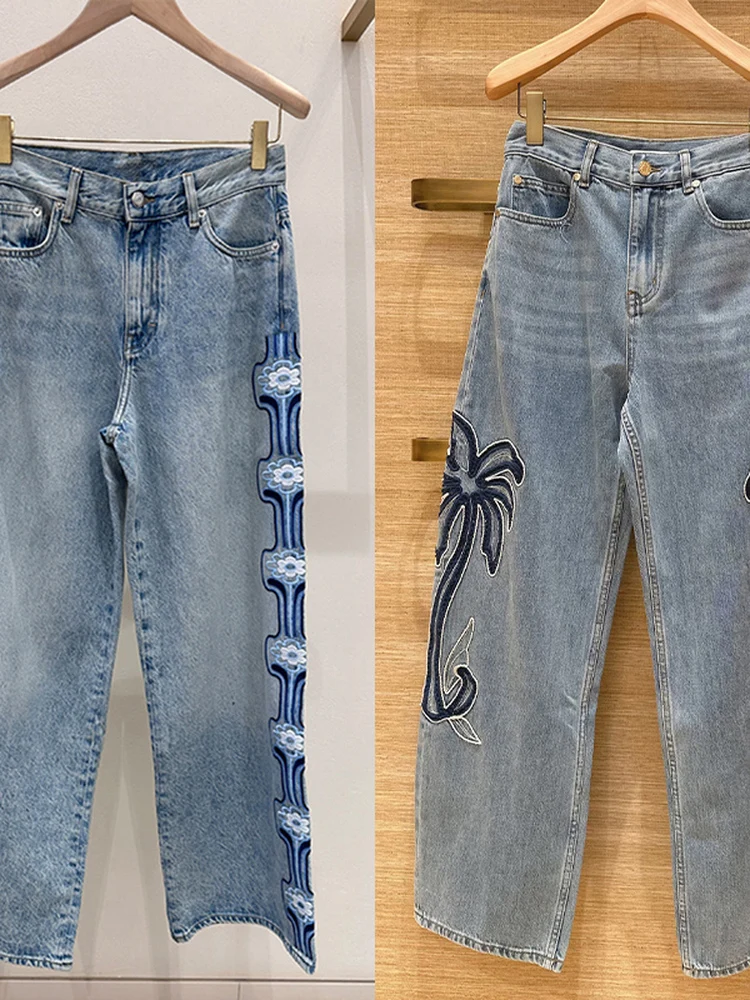 

High Waist Embroidered Floral Decorative High Waist Denim Jeans Women's Spring Summer Fashion Chinese Style Coconut Tree