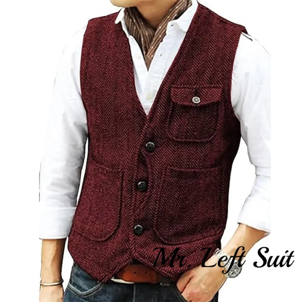 

Casual Men's Vests Herringbone Tweed Vest V-Neck Waistcoat For Men Retro Men's Wedding Vests Travel Workwear Vest