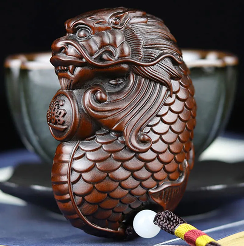 XS729- 7 Dragon Fish Figurine Boxwood Sculpture Zodiac Animal Netsuke Decoration Craft Gift Miniatur Ornaments