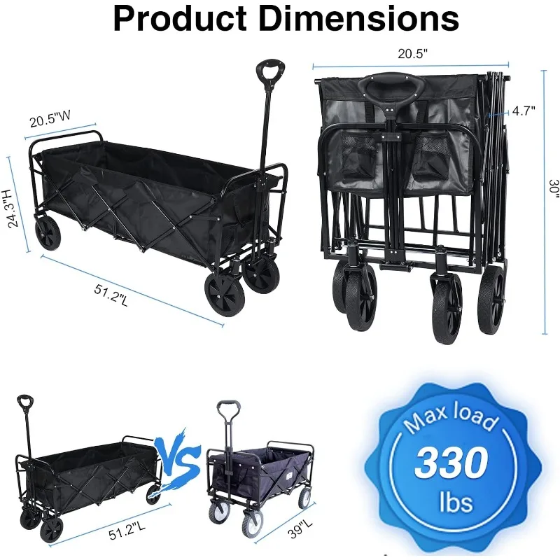 Beach Cart with 7 inch All-Terrain Wheels, Wagons Carts Heavy Duty Foldable, Utility Grocery Wagon with Side Pocket for Camping