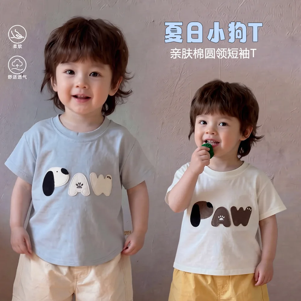 

2026 New Summer Kids Cute Dog Print T-Shirt Boys Girls Korean Style Short Sleeve Soft Cotton Casual Tops Toddler Daily Wear