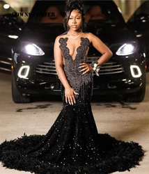 Shimmery Black Crystal Beading Luxury Prom Dresses 2025 Black Girls Sequin Tassels Feathers Mermaid Birthday Party Customized