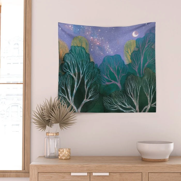 Dreamy Moon Night Forest Tapestry Vintage Starry Sky Tree Illustration Wall Hanging Cloth Atmosphere Soft Decoration Cloth