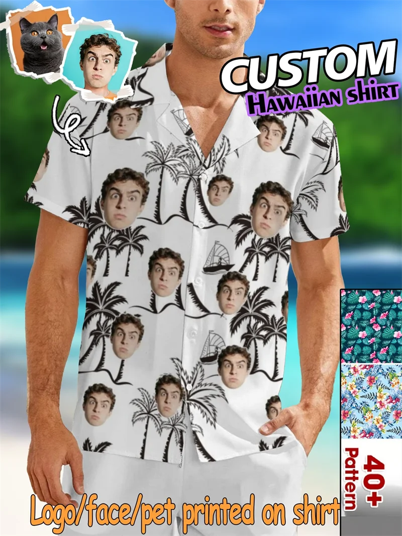 

Face Print Hawaiian Mens Shirts Custom Photo Tropical Leaf Pattern Button Up Short Sleeve Summer Casual Shirt Man Women Clothing
