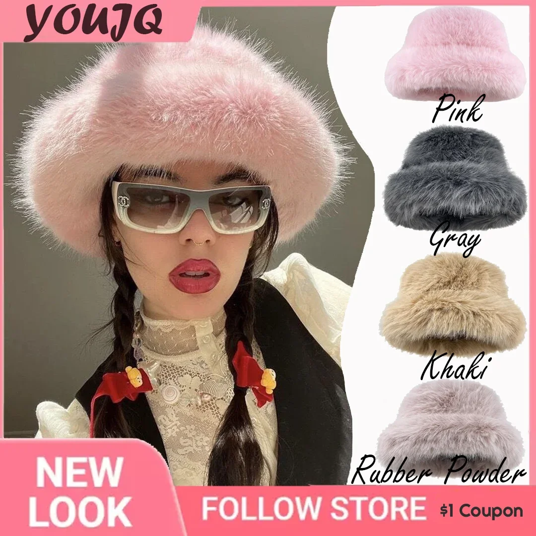 

Y2K Millenarianism Style Faux Fur Fisherman Hats for Women Men Winter Cozy Plush Bucket Hat with Ear Warmth Large Bucket Bob Cap