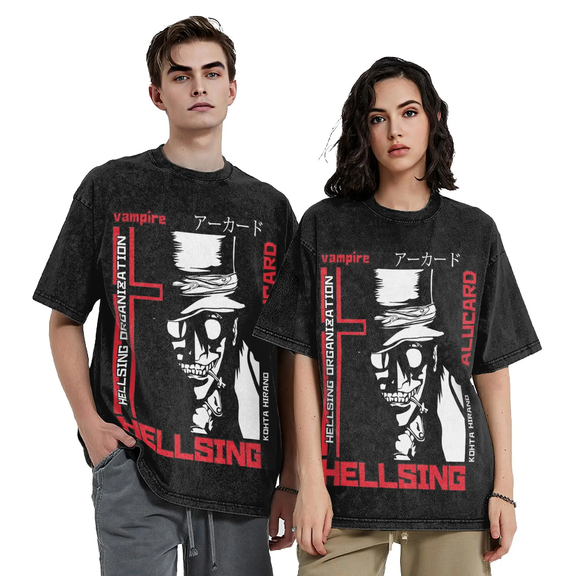 

Washed T Shirt Hellsing Anime Hip Hop Casual T-Shirt Street Streetwear Short Sleeve Printed Tops Tees for Men Women