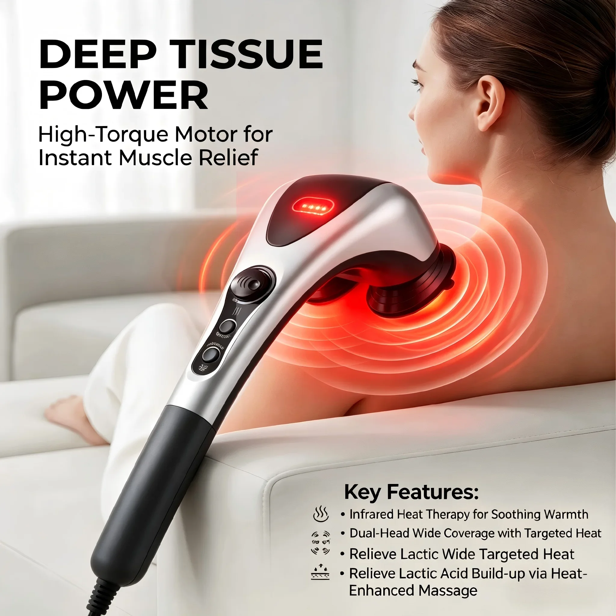 

Professional Dual-Head Percussion Massager, Infrared Heat Therapy, 4 Interchangeable Nodes, Full Body Deep Tissue Massager for