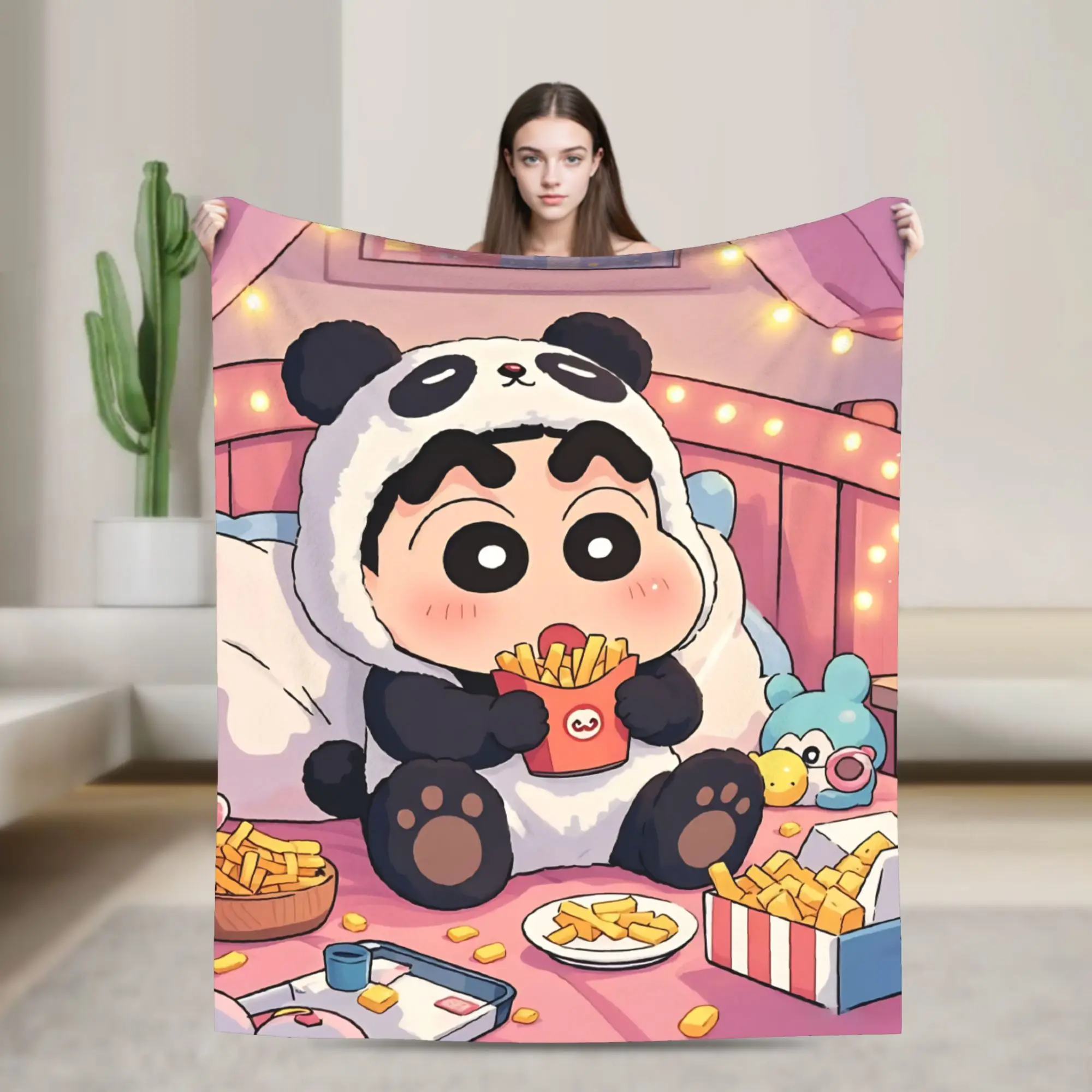 Shinchans Panda Eating Flannel Blankets  Funny Throw Blanket for Bed Sofa Couch 150*125cm Rug Piece