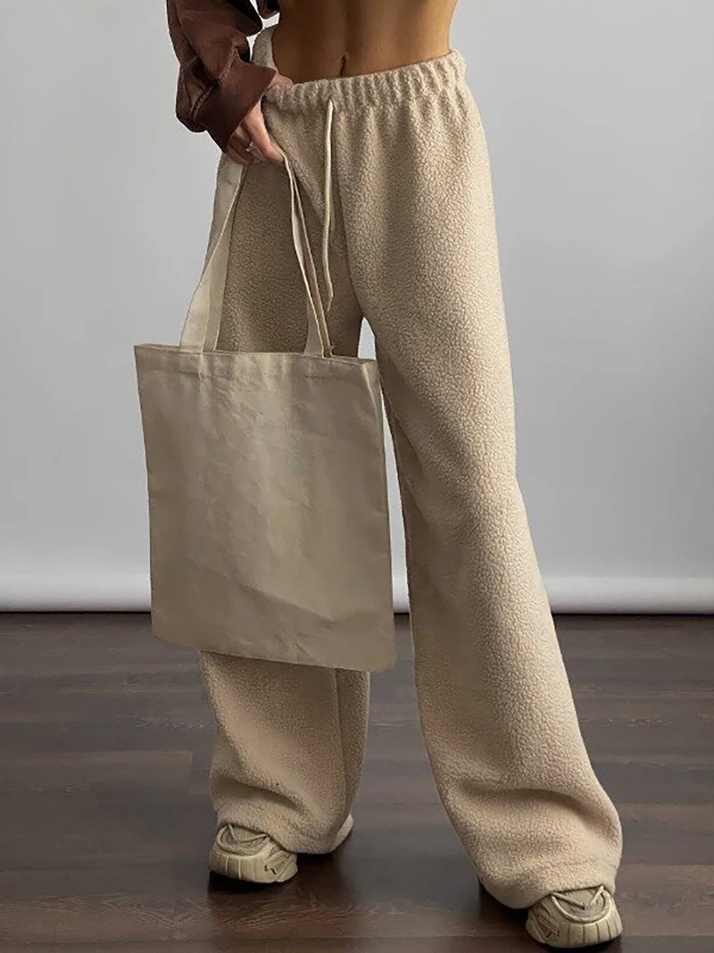 DGLUKE 2024 Winter Lamb Wool Pants Woman Drawstring Waist Jogger Pants Women Straight Leg Warm Fleece Trousers Y2K