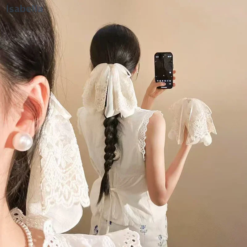 ♥ ♥ ♥ Jepit Rambut Poni Model Pita Besar Warna Beige dengan Renda, Jepit Rambut Model Shark Clip Elegan, Aksesoris Rambut