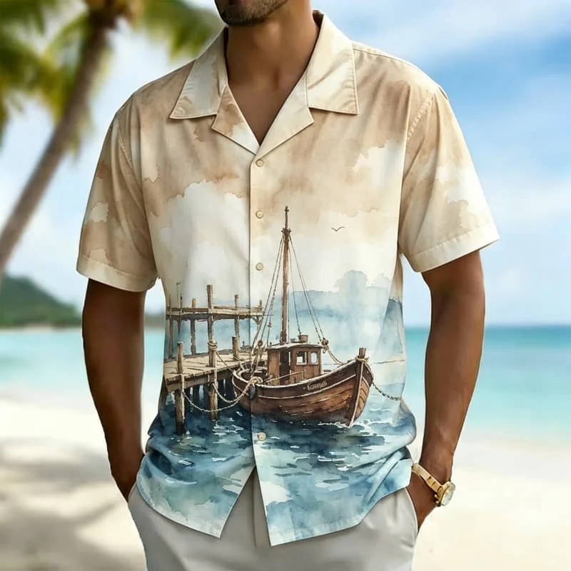 Men's watercolor coastal landscape printed Hawaiian shirt, for summer adventures, poolside, daily wear, and short vacations