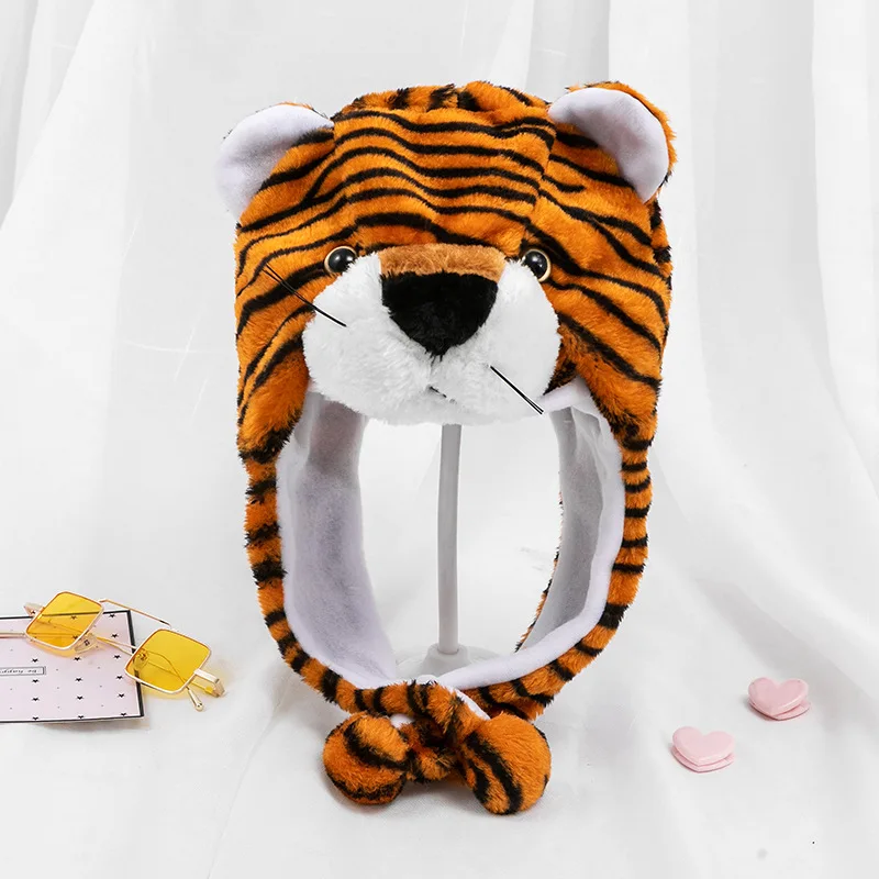 Kinder Erwachsene Cartoon Kappe Kindergarten Eltern-Kind Requisiten Tiger Kopf bedeckung Plüsch Tierhut Hauben für Männer Frauen Jungen Mädchen – Detail 1