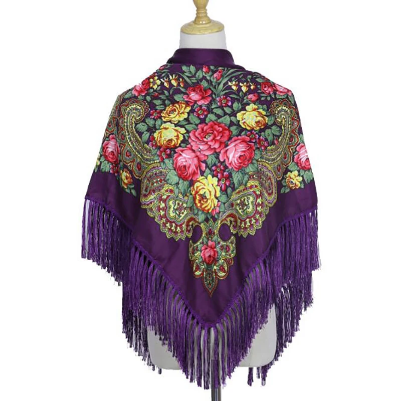 90*90cm Enthic Style Russian Women's Square Scarf Shawl Retro National Fringed Print Scarves Winter Ladies Head Wraps