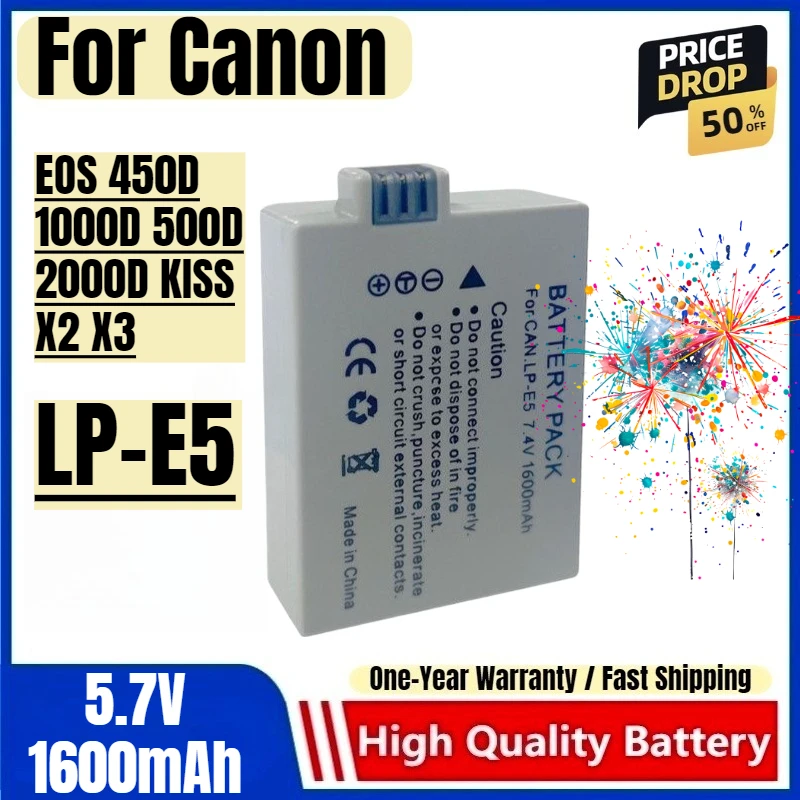 LP-E5 Battery 5.7V 1600mAh Rechargeable Batteries and Charger for Canon EOS 450D 1000D 500D 2000D KISS X2 X3 Camera Battery