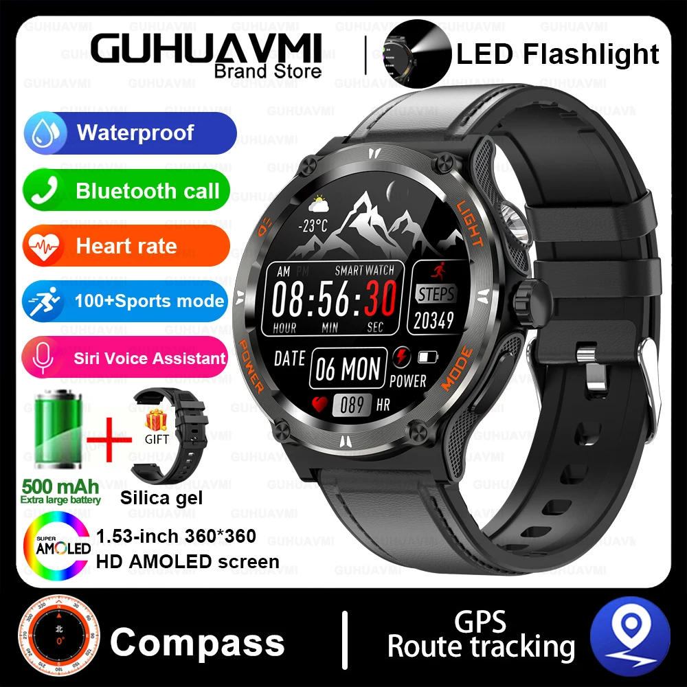 GUHUAVMI Heiße Outdoor-Militär Smartwatch Männer führte starkes Licht amoled Bildschirm Herzfrequenz Kompass Bluetooth Anruf 3atm wasserdichte Smartwatch 6