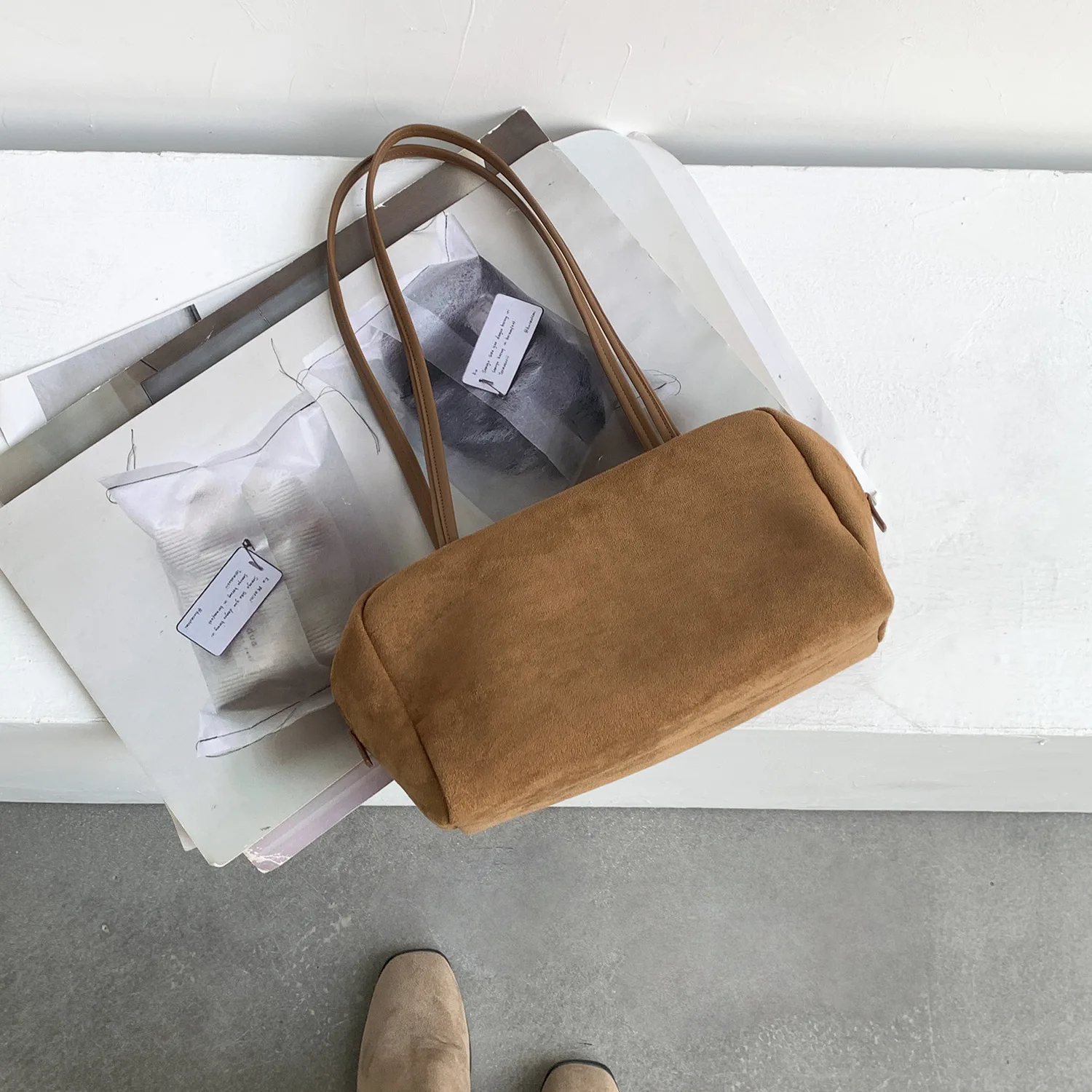 Wildleder Boston Tasche Baguette Tasche Handtasche Schultertasche Damen Vintage Kissen Unterarmtasche für den Alltag – Detail 11
