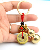 Vintage Brass Money Bag Keychain Pendant Handmade Rope Lucky Feng Shui Hanging Jewelry Ancient Five Emperors Coins Car Key Chain
