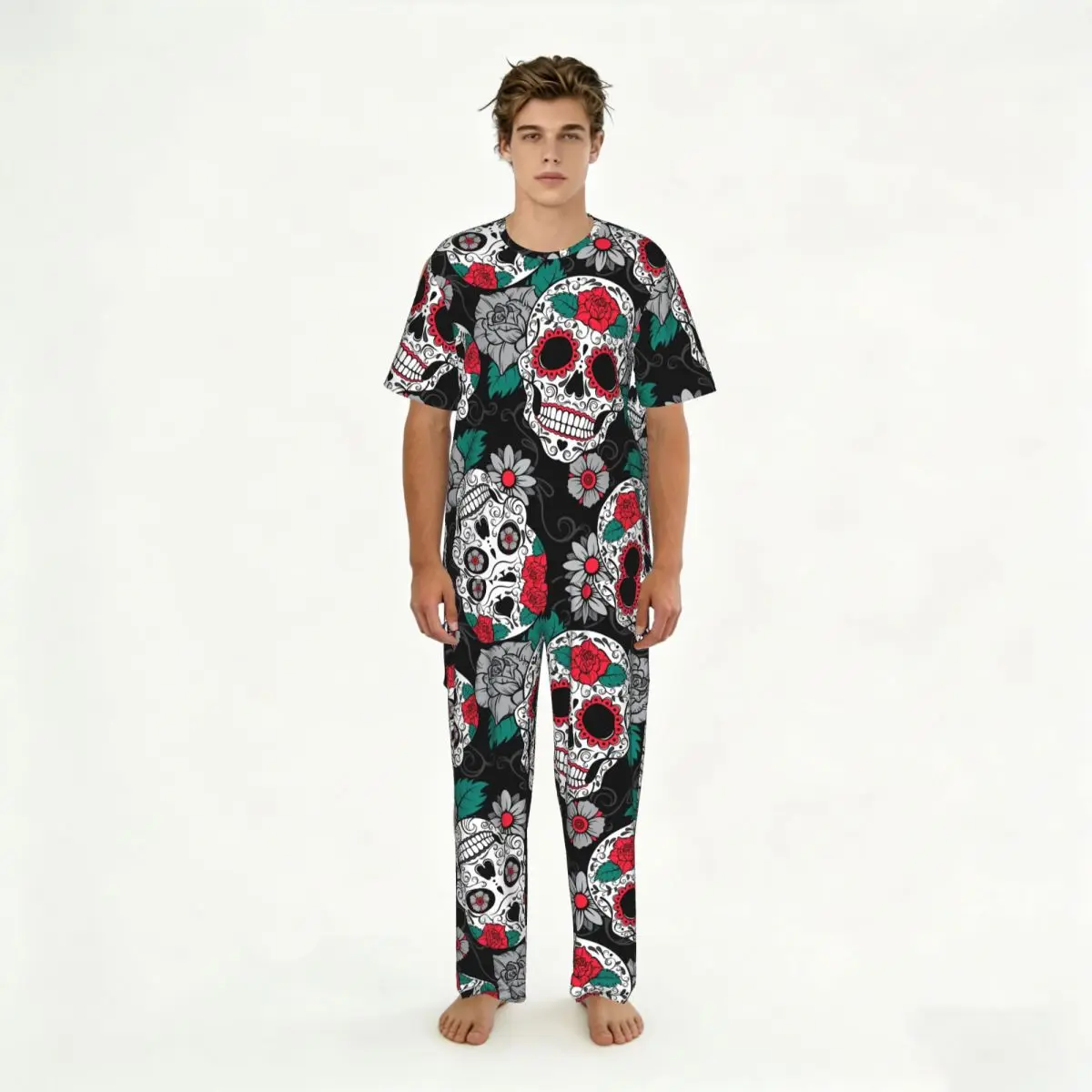 

Men Pajamas Set Gothic Skulls Day Of The Dead Short Sleeve Spring Summer Lounge Sleepwear Male Nightwear