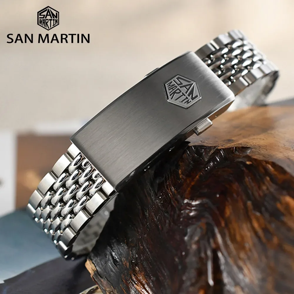 San Martin Watch Band Beads Of Rice Style Bracelet Stainless Steel Flat Ends With Fly Adjustable Clasp For 20mm Universal Strap