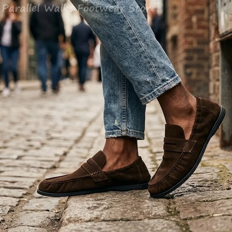Men Soft Suede Loafers Elastic Slip On Driving Shoes Lightweight Breathable Casual Flats Collapsible Heel Walking Footwear - view 3