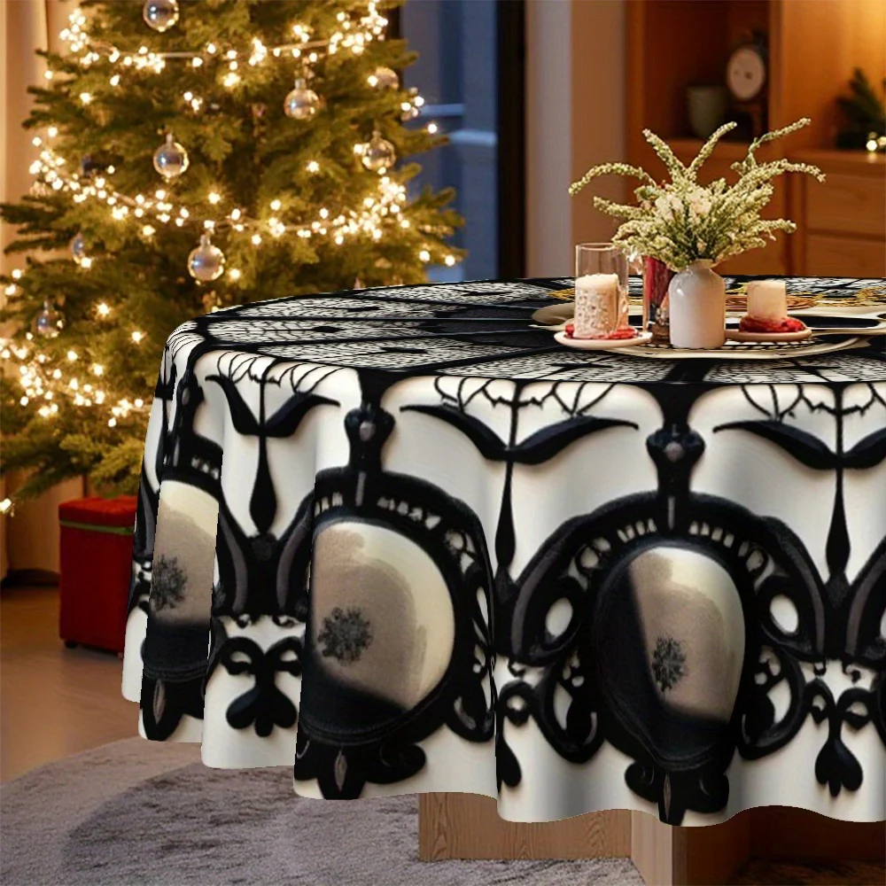One Gothic-style skull head, wearing a crown and adorned with roses, on a dining table cover.